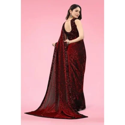 Women's Lycra Floral Saree With Unstitched Blouse (Maroon, 5.5 Mtr) - Image 3