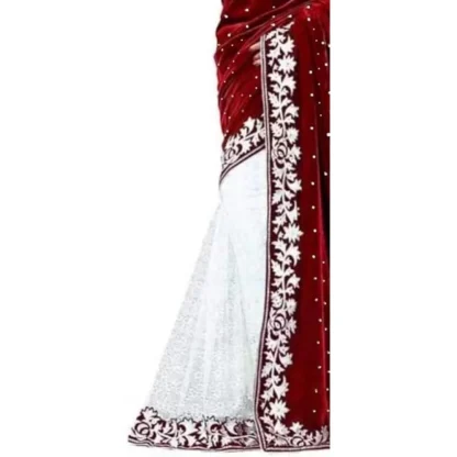 Women's Velvet Embroidered Saree With Unstitched Blouse (Maroon, 5.5 Mtr) - Image 3