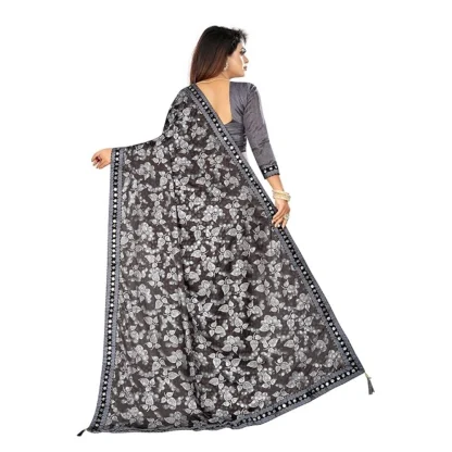 Women's Lycra Solid Saree With Unstitched Blouse (Grey, 5.5 Mtr) - Image 3