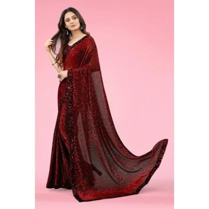 Women's Lycra Floral Saree With Unstitched Blouse (Maroon, 5.5 Mtr) - Image 4