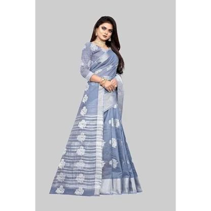 Women's Cotton Silk Floral Saree With Unstitched Blouse (Grey, 5.5 Mtr) - Image 4