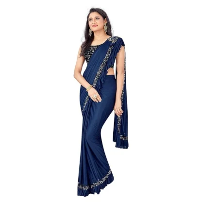 Women's Lycra Solid Saree With Unstitched Blouse (Nay Blue, 5.5 Mtr) - Image 4