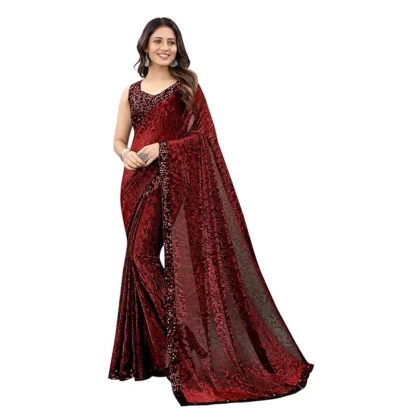 Women's Lycra Floral Saree With Unstitched Blouse (Maroon, 5.5 Mtr)