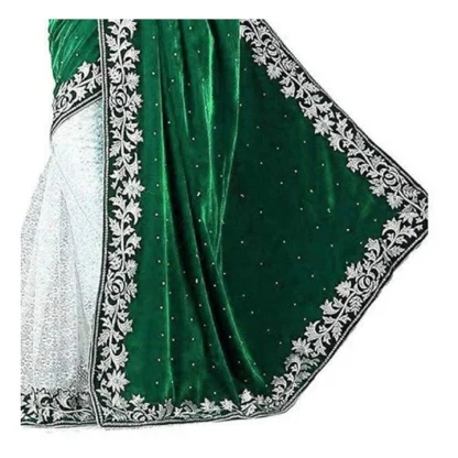 Women's Velvet Embroidered Saree With Unstitched Blouse (Green, 5.5 Mtr) - Image 2