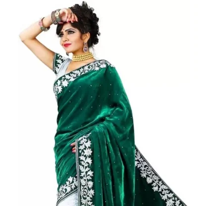 Women's Velvet Embroidered Saree With Unstitched Blouse (Green, 5.5 Mtr) - Image 3