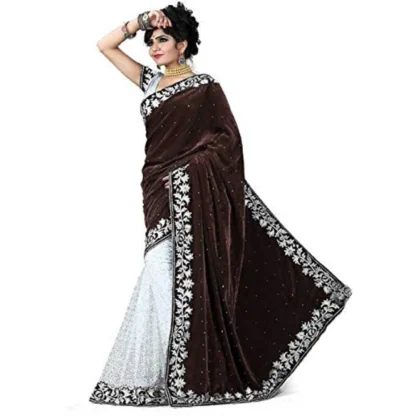 Women's Velvet Embroidered Saree With Unstitched Blouse (Brown, 5.5 Mtr)