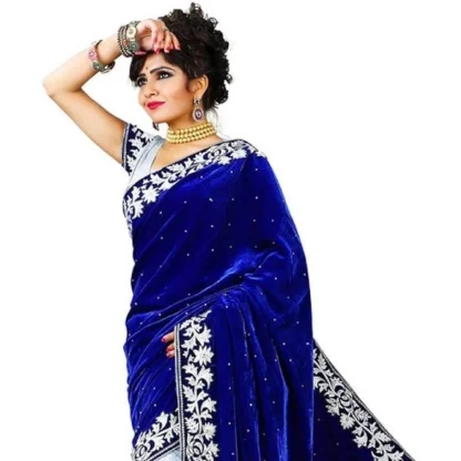 Women's Velvet Embroidered Saree With Unstitched Blouse (Blue, 5.5 Mtr) - Image 3