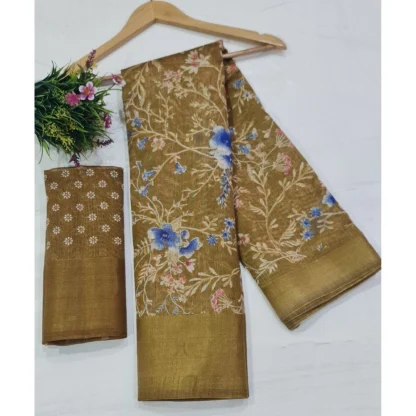 Women's Cotton Printed Saree With Unstitched Blouse (Yellow, 5-5 Mtrs)