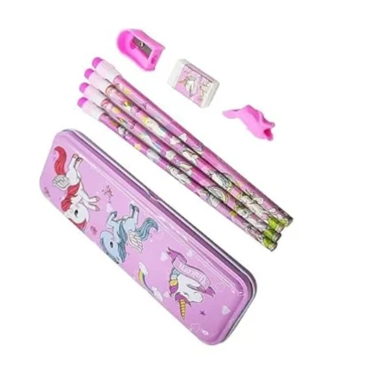 8_Pcs Set Unicorn Metal Pencil Box With 4 Pencils, 1 Sharpner, 1 Eracer And 1 Pencil Cap| Metal Box| Stationery | 3+ Years - Image 3