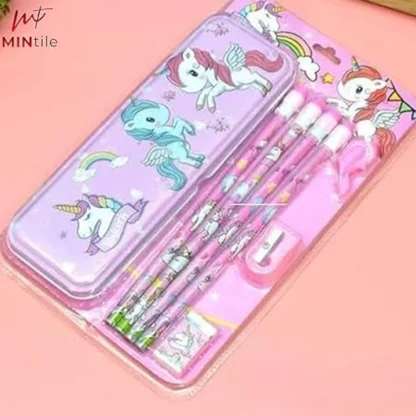 8_Pcs Set Unicorn Metal Pencil Box With 4 Pencils, 1 Sharpner, 1 Eracer And 1 Pencil Cap| Metal Box| Stationery | 3+ Years - Image 2