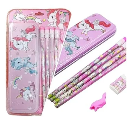 8_Pcs Set Unicorn Metal Pencil Box With 4 Pencils, 1 Sharpner, 1 Eracer And 1 Pencil Cap| Metal Box| Stationery | 3+ Years - Image 4