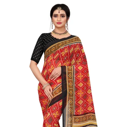 Women's Georgette Floral Print Saree With Unstitched Blouse 5.5Mtr (Red) - Image 2