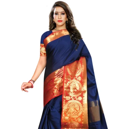 Women's Jacquard Woven Saree With Unstitched Blouse 5.5Mtr (Dark Blue) - Image 2