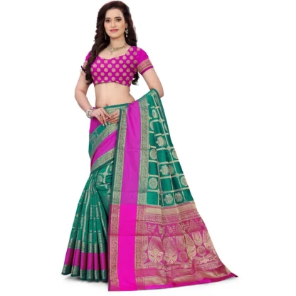 Women's Jacquard Woven Saree With Unstitched Blouse 5.5Mtr (Light Green) - Image 3