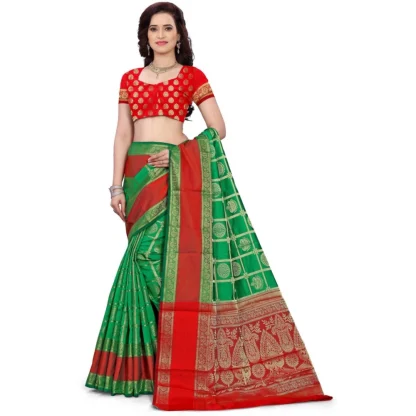 Women's Jacquard Woven Saree With Unstitched Blouse 5.5Mtr (Green) - Image 2