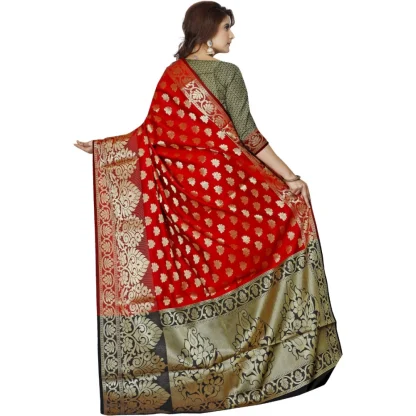 Women's Jacquard Woven Saree With Unstitched Blouse 5.5Mtr (Red) - Image 3