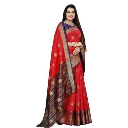 Women's Silk Blend Woven Saree With Unstitched Blouse 5.5Mtr (Red-Blue) - Image 4