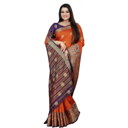 Women's Silk Blend Woven Saree With Unstitched Blouse 5.5Mtr (Blue-Orange) - Image 3