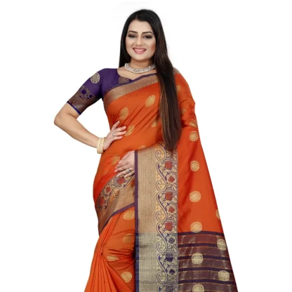 Women's Silk Blend Woven Saree With Unstitched Blouse 5.5Mtr (Blue-Orange) - Image 2