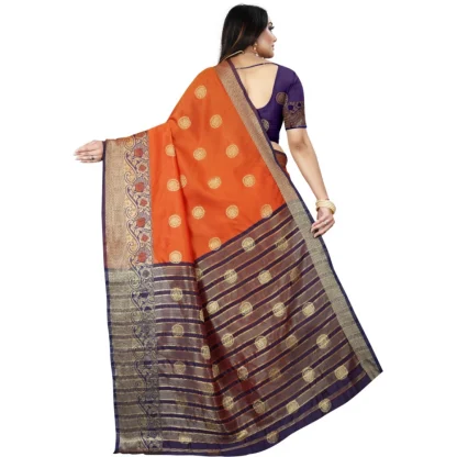 Women's Silk Blend Woven Saree With Unstitched Blouse 5.5Mtr (Blue-Orange) - Image 4