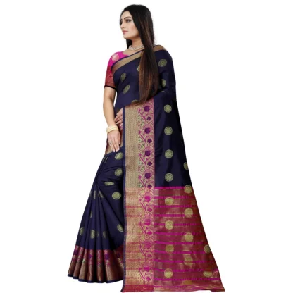 Women's Silk Blend Woven Saree With Unstitched Blouse 5.5Mtr (Dark Blue-Pink) - Image 3