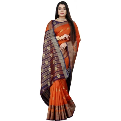 Women's Silk Blend Woven Saree With Unstitched Blouse 5.5Mtr (Purple-Orange) - Image 3