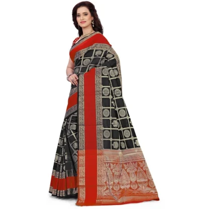 Women's Jacquard Woven Saree With Unstitched Blouse 5.5Mtr (Red-Black) - Image 3