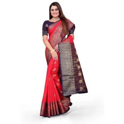 Women's Silk Blend Woven Saree With Unstitched Blouse 5.5Mtr (Red) - Image 4