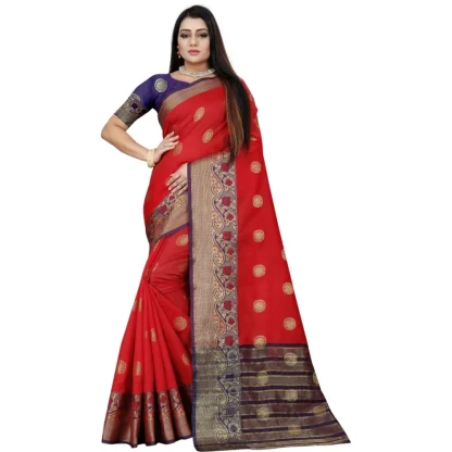 Women's Silk Blend Woven Saree With Unstitched Blouse 5.5Mtr (Red-Blue)