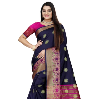 Women's Silk Blend Woven Saree With Unstitched Blouse 5.5Mtr (Dark Blue-Pink) - Image 2