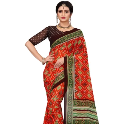 Women's Georgette Floral Print Saree With Unstitched Blouse 5.5Mtr (Red) - Image 2