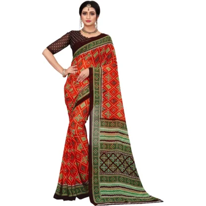 Women's Georgette Floral Print Saree With Unstitched Blouse 5.5Mtr (Red) - Image 3