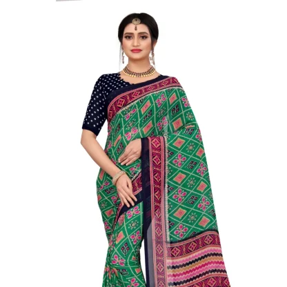 Women's Georgette Floral Print Saree With Unstitched Blouse 5.5Mtr (Green) - Image 2