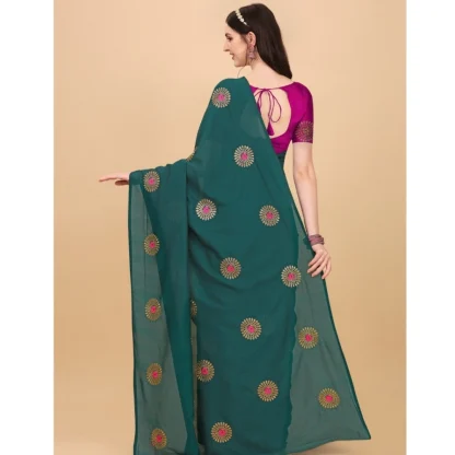 Women's Silk Blend Embroidered Saree With Unstitched Blouse 5.5Mtr (Dark Green) - Image 2