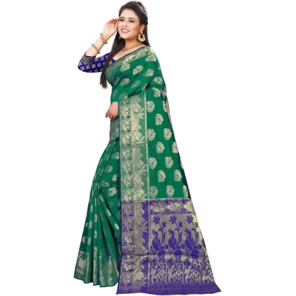 Women's Jacquard Woven Saree With Unstitched Blouse 5.5Mtr (Green) - Image 3