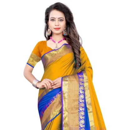 Women's Jacquard Woven Saree With Unstitched Blouse 5.5Mtr (Yellow) - Image 2