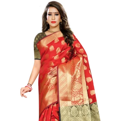 Women's Jacquard Woven Saree With Unstitched Blouse 5.5Mtr (Red) - Image 2