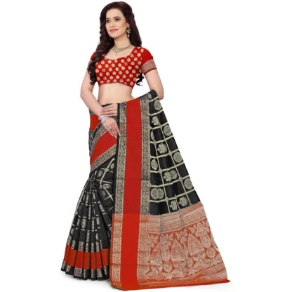 Women's Jacquard Woven Saree With Unstitched Blouse 5.5Mtr (Red-Black) - Image 2