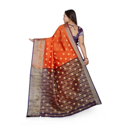 Women's Jacquard Woven Saree With Unstitched Blouse 5.5Mtr (Orange) - Image 3