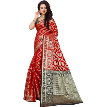 Women's Jacquard Woven Saree With Unstitched Blouse 5.5Mtr (Red) - Image 2