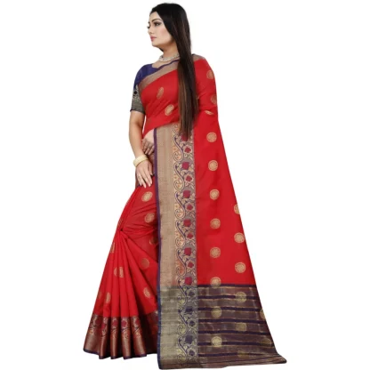 Women's Silk Blend Woven Saree With Unstitched Blouse 5.5Mtr (Red-Blue) - Image 3