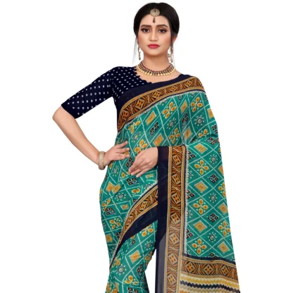 Women's Georgette Floral Print Saree With Unstitched Blouse 5.5Mtr (Dark Green) - Image 2