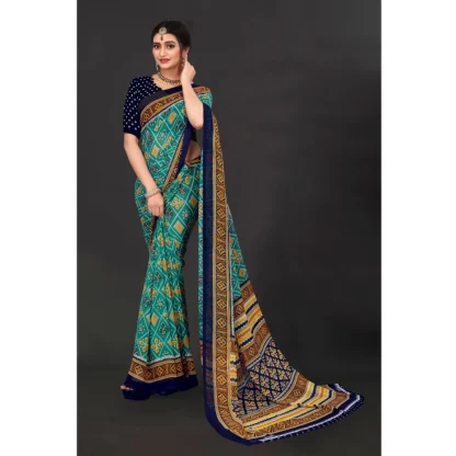 Women's Georgette Floral Print Saree With Unstitched Blouse 5.5Mtr (Dark Green) - Image 3