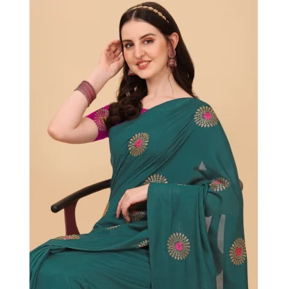 Women's Silk Blend Embroidered Saree With Unstitched Blouse 5.5Mtr (Dark Green) - Image 3