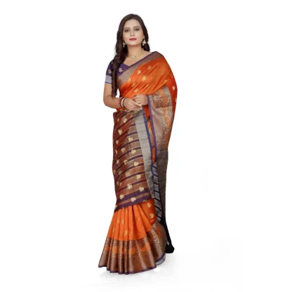 Women's Jacquard Woven Saree With Unstitched Blouse 5.5Mtr (Orange) - Image 4