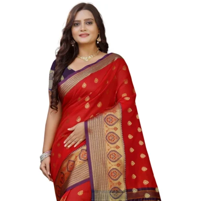 Women's Silk Blend Woven Saree With Unstitched Blouse 5.5Mtr (Purple-Red) - Image 2