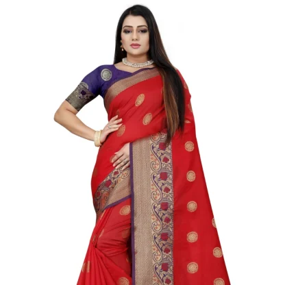 Women's Silk Blend Woven Saree With Unstitched Blouse 5.5Mtr (Red-Blue) - Image 2