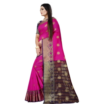 Women's Silk Blend Woven Saree With Unstitched Blouse 5.5Mtr (Blue-Pink) - Image 2