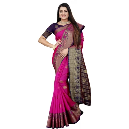 Women's Silk Blend Woven Saree With Unstitched Blouse 5.5Mtr (Blue-Pink) - Image 3