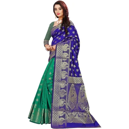 Women's Jacquard Woven Saree With Unstitched Blouse 5.5Mtr (Blue) - Image 3